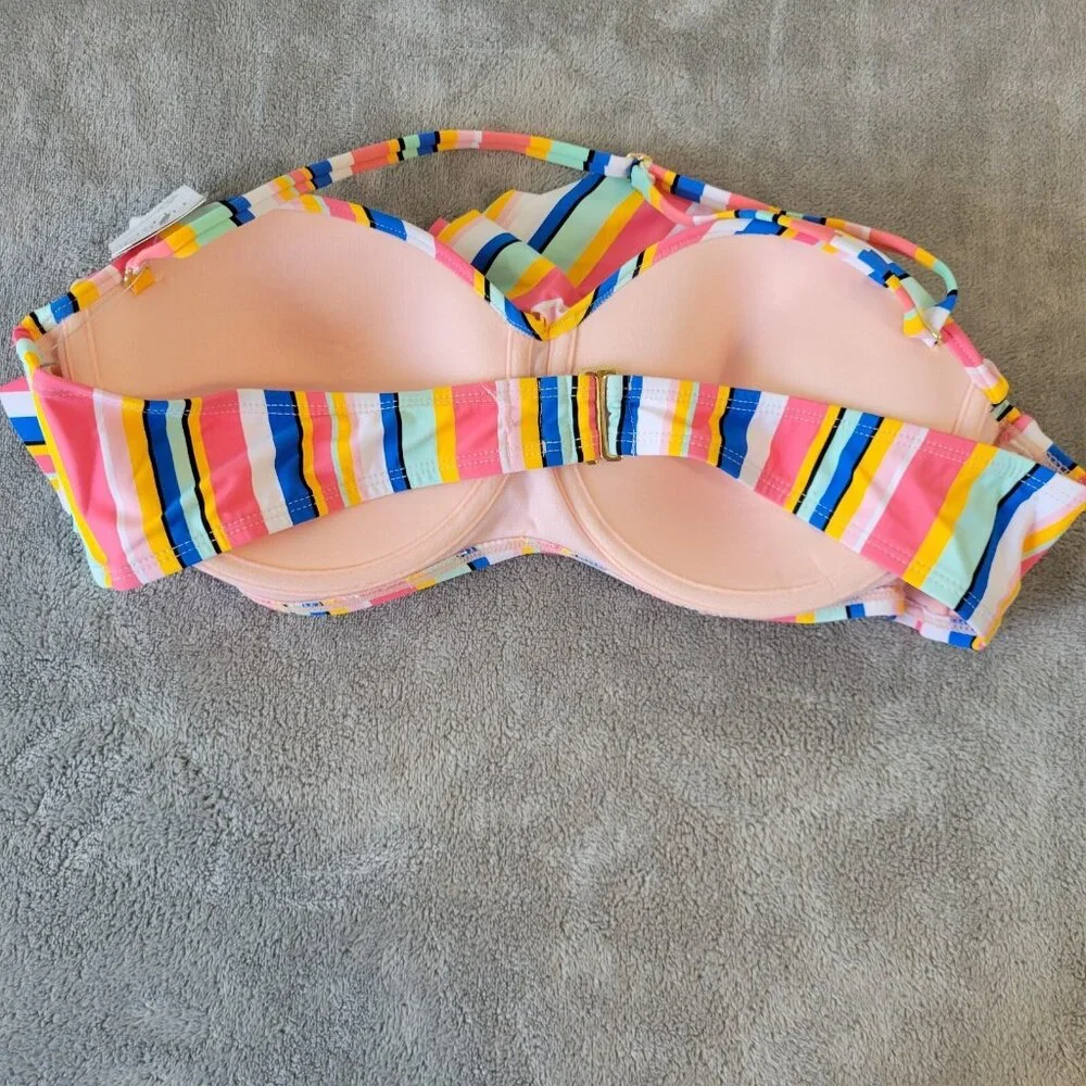 Time Tru Womens Bikini Top XL 16 18 Blue Pink Stripe Ruffle STR15E